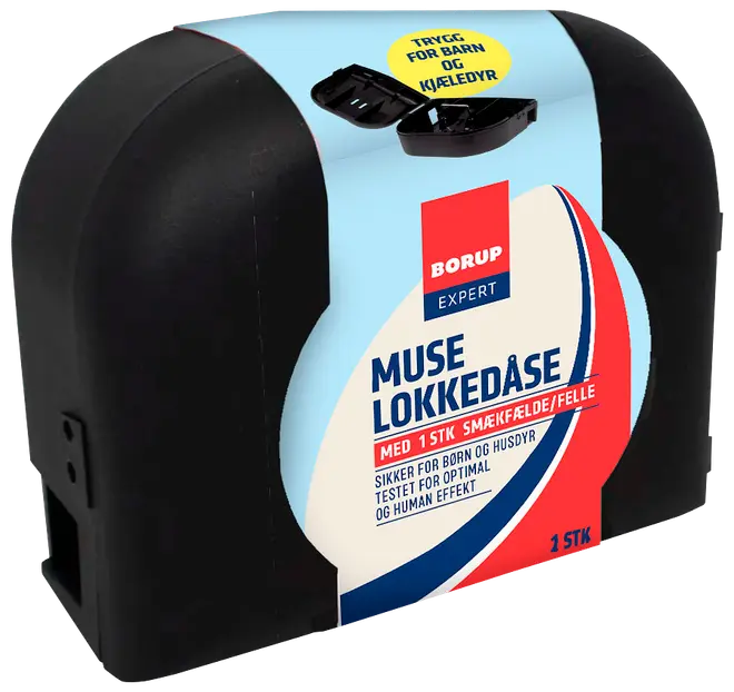 Sort plastik musefælde med sikkerhedslås, egnet til børn og kæledyr. Indeholder én smækfælde. Borup Expert mærke, blå og rød emballage.