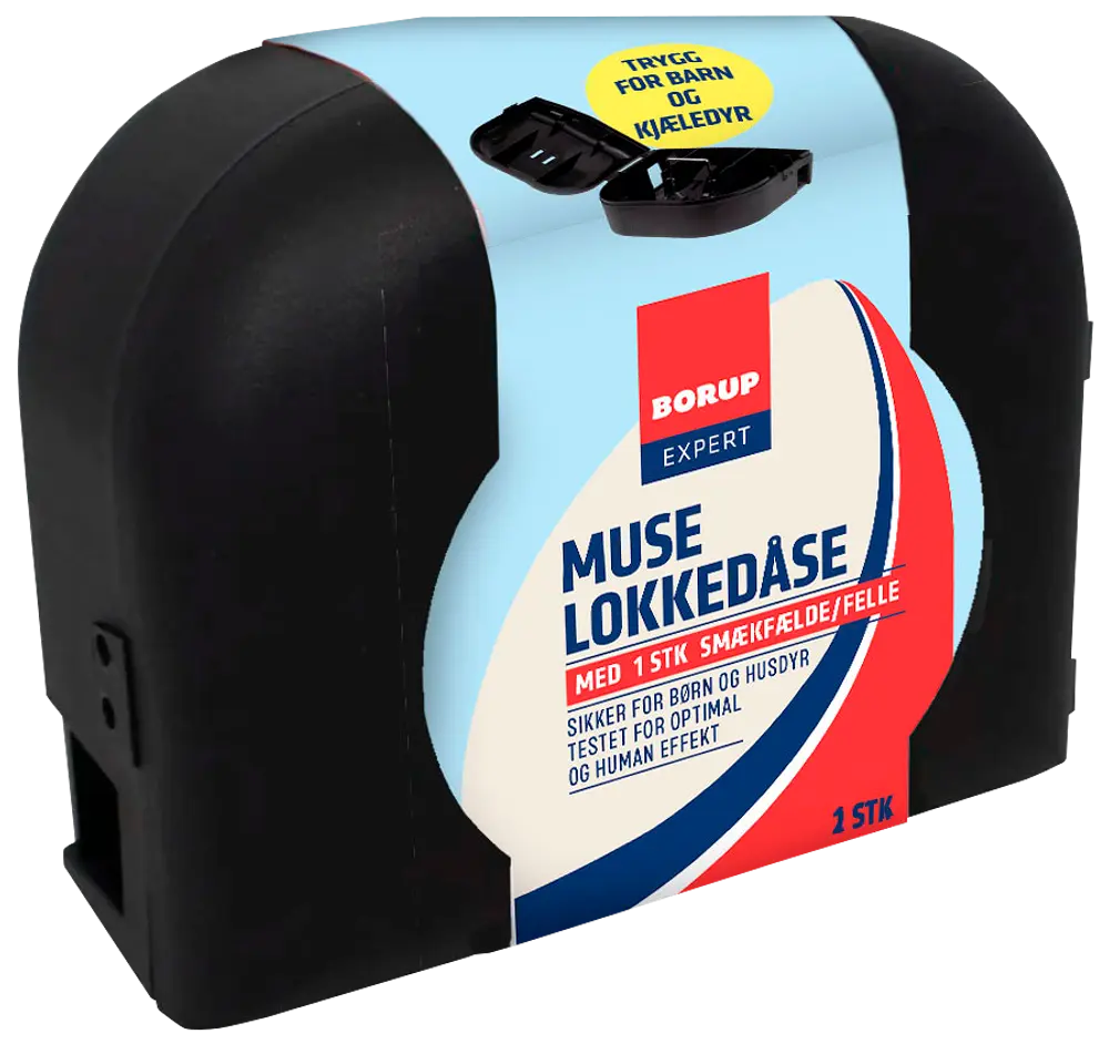 Sort plastik musefælde med sikkerhedslås, egnet til børn og kæledyr. Indeholder én smækfælde. Borup Expert mærke, blå og rød emballage.