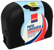 Svart plast musfälla med säkerhetslås, säker för barn och husdjur. Innehåller en slagfälla. Borup Expert-märke, blå och röd förpackning.