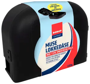 Sort plastik musefælde med sikkerhedslås, egnet til børn og kæledyr. Indeholder én smækfælde. Borup Expert mærke, blå og rød emballage.