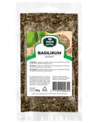 30g återförslutningsbar plastpåse med torkad, skuren basilika från Taste of Nature. Transparent framsida visar innehållet. Etikett med produktnamn, ingredienser och förvaringsanvisningar.