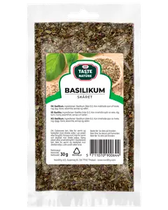 30g återförslutningsbar plastpåse med torkad, skuren basilika från Taste of Nature. Transparent framsida visar innehållet. Etikett med produktnamn, ingredienser och förvaringsanvisningar.