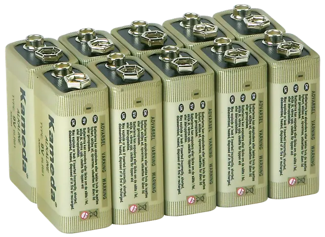 Förpackning med åtta Kameda 9V-batterier, rektangulär form med snappkoppling på toppen. Passar till brandvarnare, leksaker och elektronik. Säkerhetsinstruktioner på sidan.