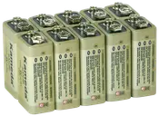 Förpackning med åtta Kameda 9V-batterier, rektangulär form med snappkoppling på toppen. Passar till brandvarnare, leksaker och elektronik. Säkerhetsinstruktioner på sidan.