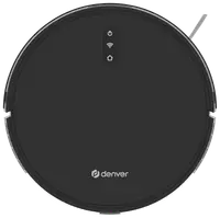 Rund sort robotstøvsuger med Denver-logo, tre kontrolknapper øverst til strøm, Wi-Fi og hjem. Udstyret med sidebørster til effektiv rengøring af forskellige gulvtyper.