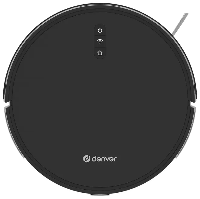 Rund sort robotstøvsuger med Denver-logo, tre kontrolknapper øverst til strøm, Wi-Fi og hjem. Udstyret med sidebørster til effektiv rengøring af forskellige gulvtyper.