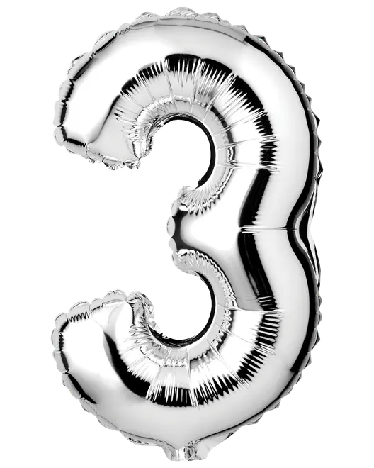 Stor, skinnende sølvfolieballon formet som tallet 3. Reflekterende overflade, velegnet til fødselsdage, jubilæer eller fester. Selvforseglende og kan fyldes med luft eller helium.