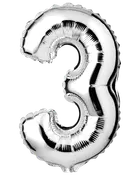 Stor, skinnende sølvfolieballon formet som tallet 3. Reflekterende overflade, velegnet til fødselsdage, jubilæer eller fester. Selvforseglende og kan fyldes med luft eller helium.