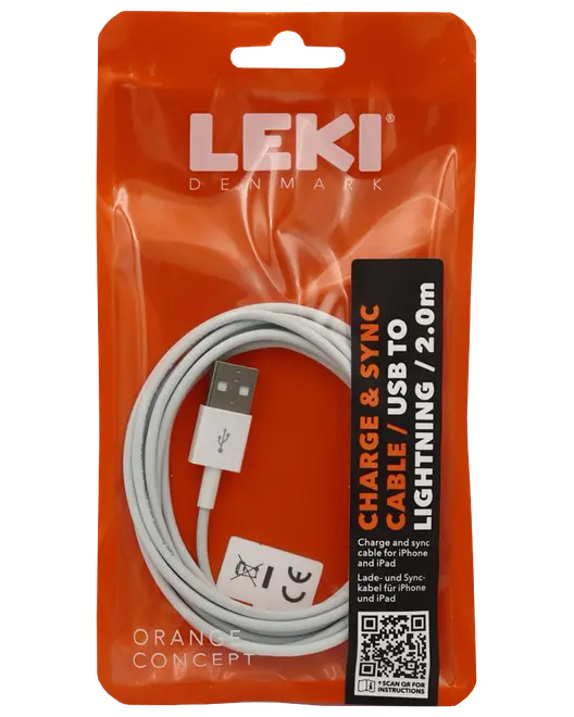 LEKI Denmark USB til Lightning-kabel, 2,0 meter langt, hvidt, til opladning og synkronisering af iPhone og iPad. Leveres i orange genlukkelig pose med produktinformation.