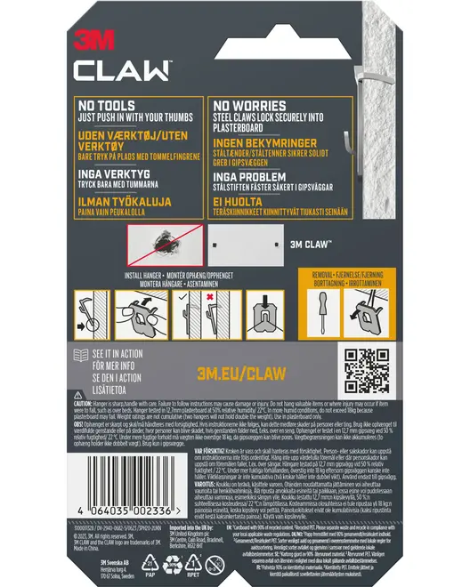 3M CLAW gipsvæg ophæng emballage, viser stålklo design, værktøjsfri montering, og produktdetaljer på flere sprog. Velegnet til sikker ophængning på gipsvægge.