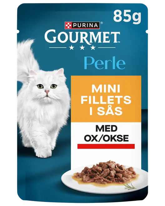 Purina Gourmet Perle kattmat, 85g påse, minifiléer i sås med nötkött. Förpackningen visar en vit katt och en tallrik med nötköttsfiléer i sås.