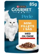 Purina Gourmet Perle kattmat, 85g påse, minifiléer i sås med nötkött. Förpackningen visar en vit katt och en tallrik med nötköttsfiléer i sås.