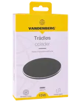 Vandenberg trådlös laddare, 15W, kompatibel med smartphone/iPhone, inkluderar USB-C-kabel. Rund, svart laddningsplatta för snabb och smidig trådlös laddning.