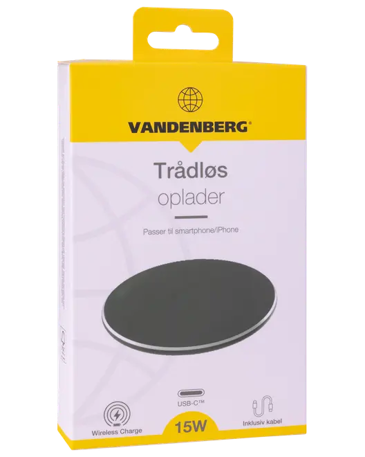 Vandenberg trådlös laddare, 15W, kompatibel med smartphone/iPhone, inkluderar USB-C-kabel. Rund, svart laddningsplatta för snabb och smidig trådlös laddning.