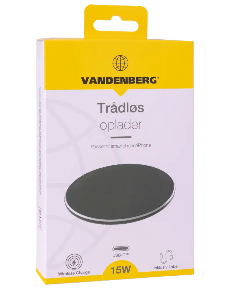 Vandenberg trådlös laddare, 15W, kompatibel med smartphone/iPhone, inkluderar USB-C-kabel. Rund, svart laddningsplatta för snabb och smidig trådlös laddning.