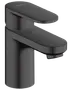 Mat sort badeværelsesarmatur med enkelt greb, cylindrisk base og moderne design. Passer til håndvaske, har varmt- og koldtvandsindikatorer. Elegant og minimalistisk udseende.