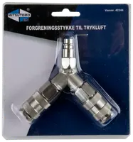 Y-formet metal luftfordeler til trykluft med to lynkoblinger og én han-tilslutning. Bruges til at fordele luft mellem to værktøjer. Leveres i blisterpakning.