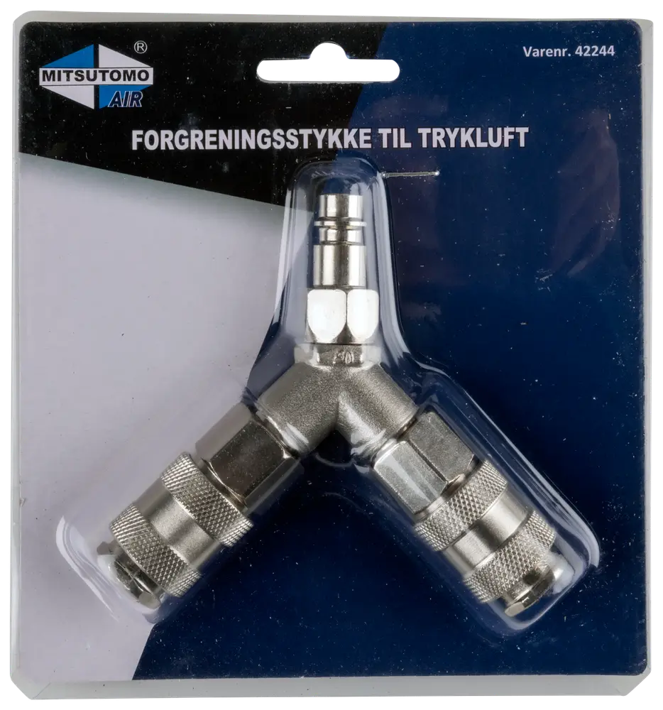 Y-formet metal luftfordeler til trykluft med to lynkoblinger og én han-tilslutning. Bruges til at fordele luft mellem to værktøjer. Leveres i blisterpakning.