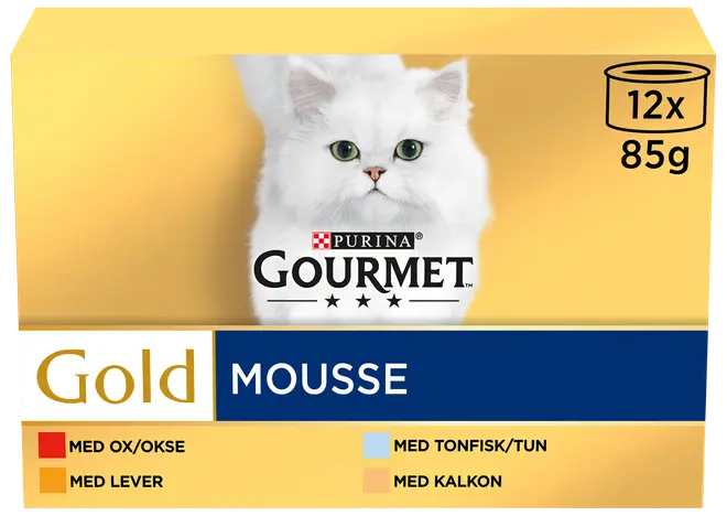 Purina Gourmet Gold Mousse kattmat, 12 burkar à 85g. Blandade smaker: oxkött, lever, tonfisk, kalkon. Förpackningen har en vit katt på guldbakgrund.