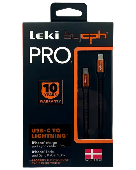 Leki bycph PRO USB-C til Lightning kabel, 1 meter, sort, til iPhone opladning og synkronisering. 10 års garanti. Robust design, dansk design, til Apple-enheder.