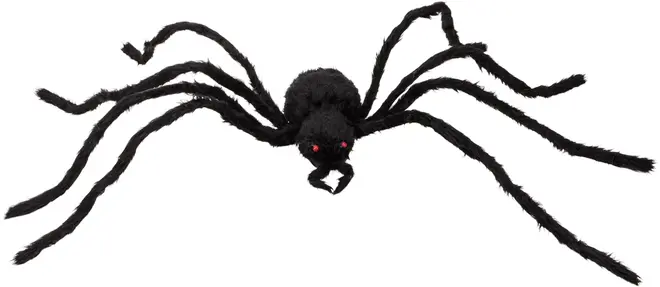 Stor svart spindeldekoration med päls, åtta böjbara ben och två röda ögon. Perfekt för Halloween eller fest, realistisk och lätt.