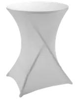 Rundt cocktailbord med tætsiddende hvid stretch-betræk, der giver et stilrent, moderne udseende. Betrækket går fra bordplade til gulv, perfekt til events og fester.