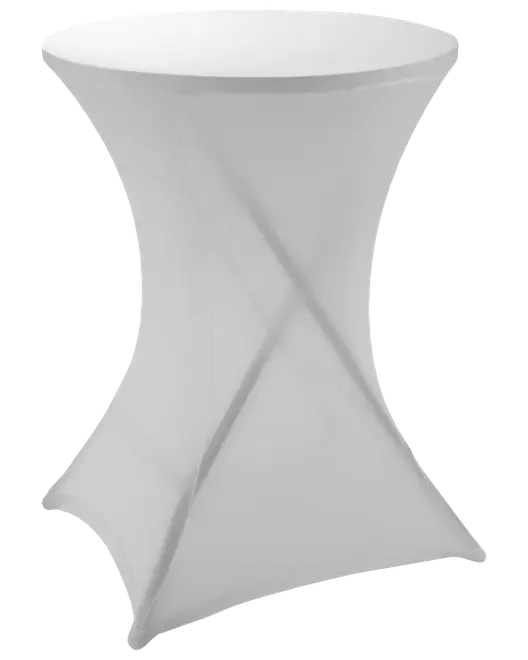 Rundt cocktailbord med tætsiddende hvid stretch-betræk, der giver et stilrent, moderne udseende. Betrækket går fra bordplade til gulv, perfekt til events og fester.