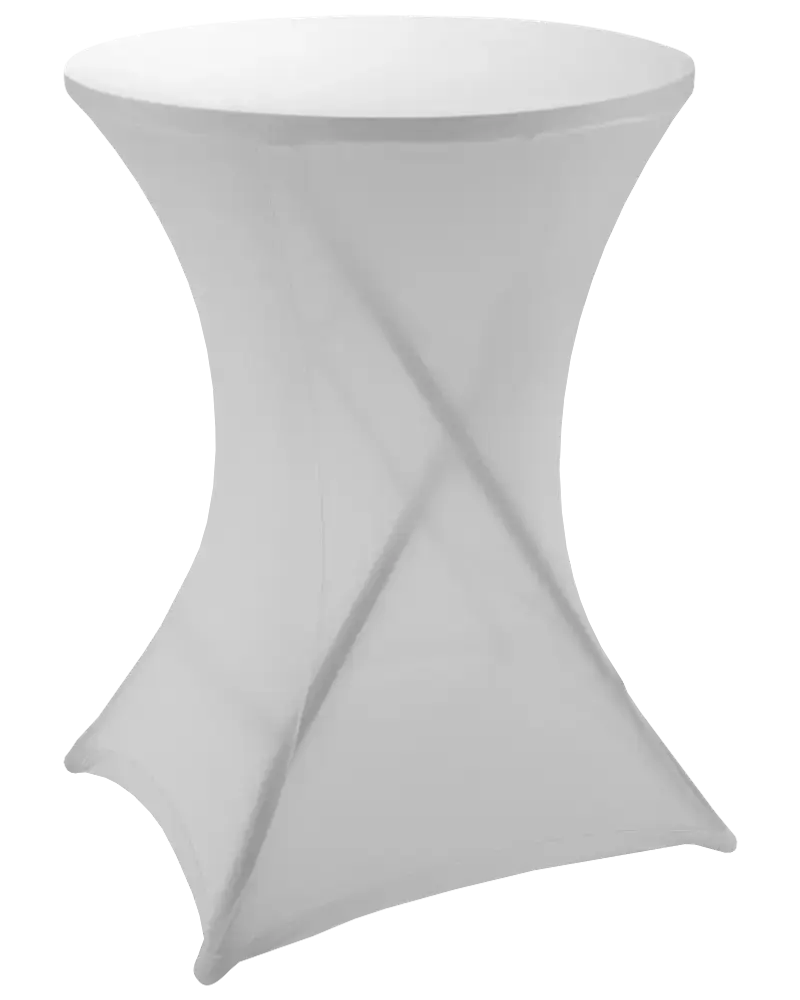 Rundt cocktailbord med tætsiddende hvid stretch-betræk, der giver et stilrent, moderne udseende. Betrækket går fra bordplade til gulv, perfekt til events og fester.