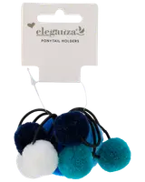 Sæt med elastikker til hestehale med bløde pomponer i blå, turkis og hvid, fastgjort til sorte elastikker. Perfekt til at style håret legende og smart.