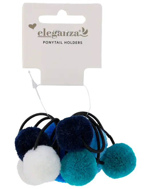 Sæt med elastikker til hestehale med bløde pomponer i blå, turkis og hvid, fastgjort til sorte elastikker. Perfekt til at style håret legende og smart.