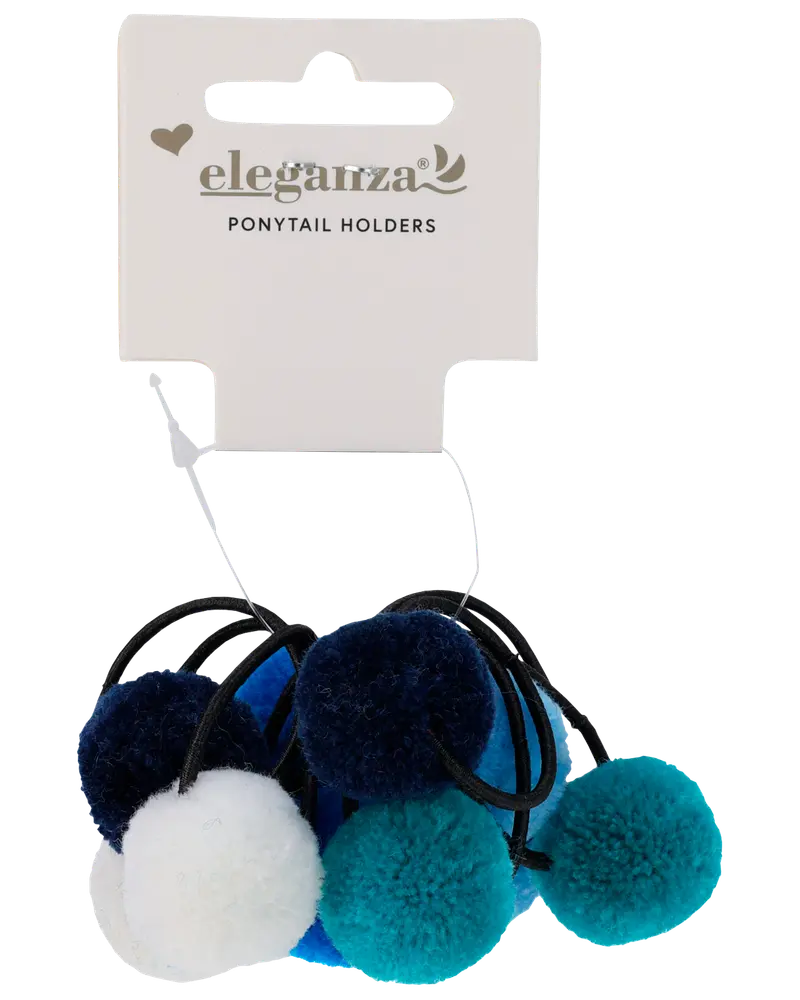 Sæt med elastikker til hestehale med bløde pomponer i blå, turkis og hvid, fastgjort til sorte elastikker. Perfekt til at style håret legende og smart.