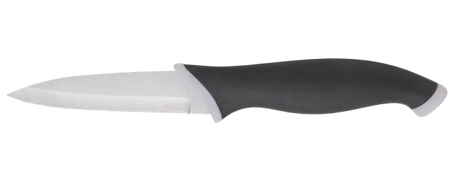 Sort og sølvfarvet kniv med fast blad, buet ergonomisk håndtag og spids klinge i rustfrit stål.