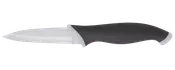 Sort og sølvfarvet kniv med fast blad, buet ergonomisk håndtag og spids klinge i rustfrit stål.