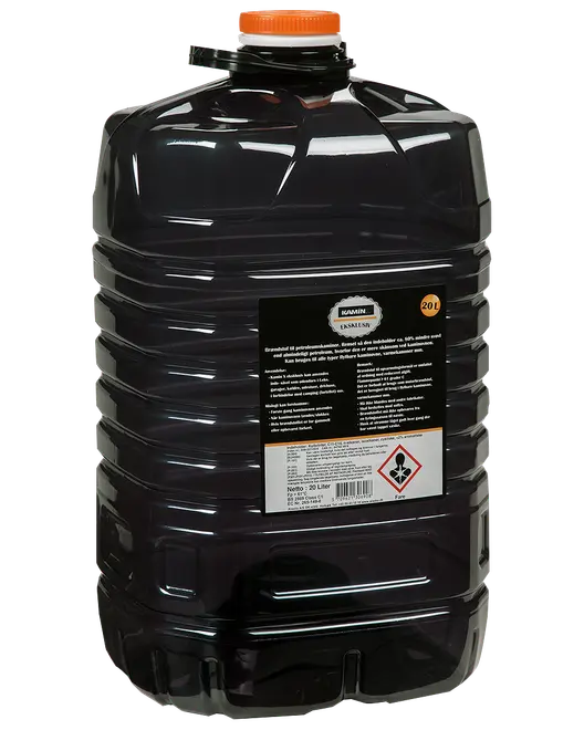 Stor sort plastdunk på 20 liter med orange skruelåg. Ribbet sider for bedre greb, rektangulær etiket med sikkerheds- og produktinformation på forsiden.