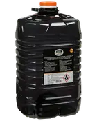 Stor sort plastdunk på 20 liter med orange skruelåg. Ribbet sider for bedre greb, rektangulær etiket med sikkerheds- og produktinformation på forsiden.