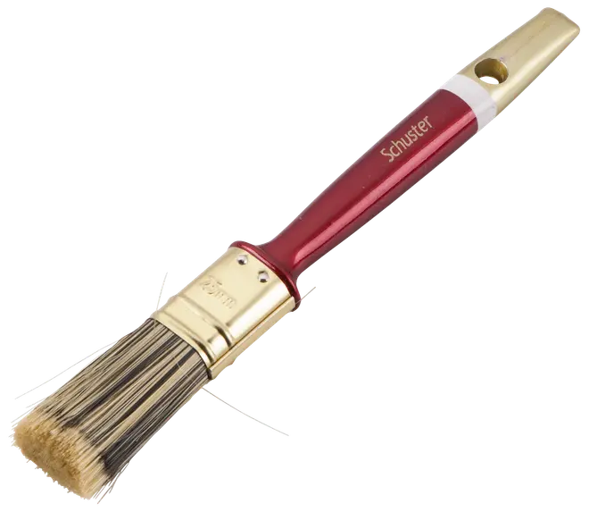 Rund pensel med naturbørster, rød og guldfarvet skaft samt metalbånd. Velegnet til detaljeret maling. Skaftet har ophængshul og Schuster-logo.