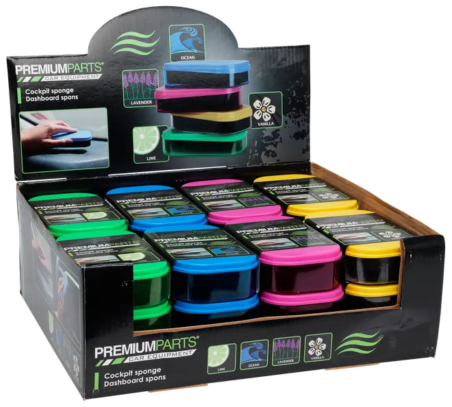 Sæt med farverige cockpit-svampe til bilens instrumentbræt, fås i grøn, blå, pink og gul, hver med en duft: lime, ocean, lavendel eller vanilje.