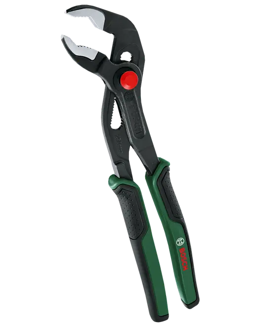 Bosch justerbar tang med sorte kæber, rød justeringsknap og grønne ergonomiske, skridsikre håndtag.