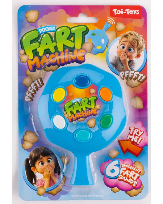 Blå plastik lomme-pruttemaskine med seks farvede knapper, der hver laver forskellige pruttelyde. Pakket på farverigt kort med sjove illustrationer og teksten "Prøv mig!"