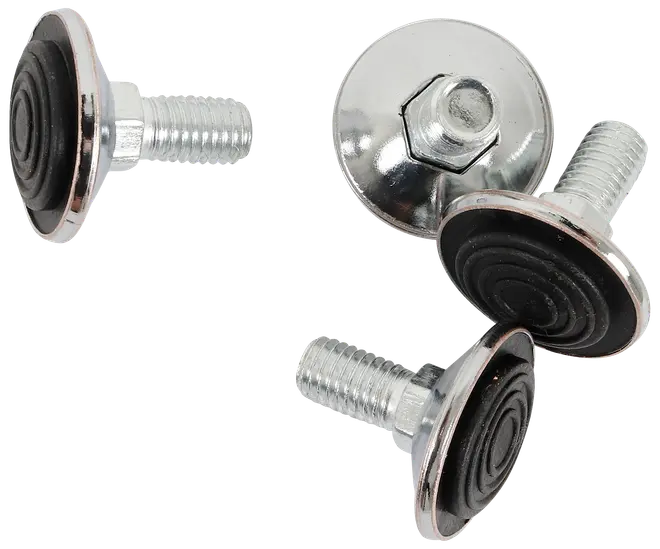 Sæt med fire justerbare møbelfødder i metal med gevind og sorte gummipuder, ideelle til at stabilisere møbler og beskytte gulve.