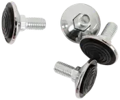 Sæt med fire justerbare møbelfødder i metal med gevind og sorte gummipuder, ideelle til at stabilisere møbler og beskytte gulve.