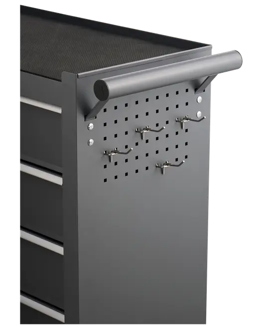 Grå metalværktøjskasse med sidehulplade, fire skuffer, solidt håndtag og fire kroge til ophængning af værktøj. Moderne design, ideel til organiseret opbevaring.