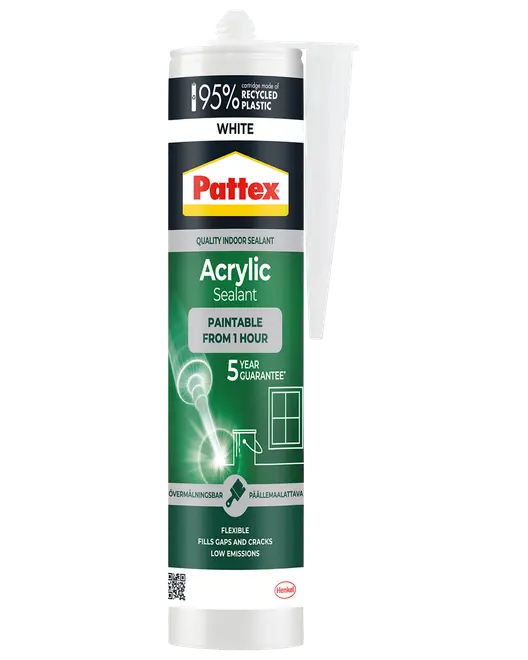 Pattex hvid akryl fugemasse patron til indendørs brug, overmalbar efter 1 time, fleksibel, fylder sprækker og revner, 5 års garanti.