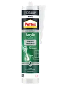 Pattex hvid akryl fugemasse patron til indendørs brug, overmalbar efter 1 time, fleksibel, fylder sprækker og revner, 5 års garanti.
