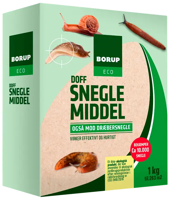 Æske Borup Eco Doff Sneglemiddel, 1 kg, effektiv mod snegle og dræbersnegle, rækker til 263 m², miljøvenlig, med billeder af snegle på emballagen.