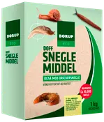 Æske Borup Eco Doff Sneglemiddel, 1 kg, effektiv mod snegle og dræbersnegle, rækker til 263 m², miljøvenlig, med billeder af snegle på emballagen.