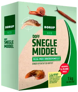 Æske Borup Eco Doff Sneglemiddel, 1 kg, effektiv mod snegle og dræbersnegle, rækker til 263 m², miljøvenlig, med billeder af snegle på emballagen.