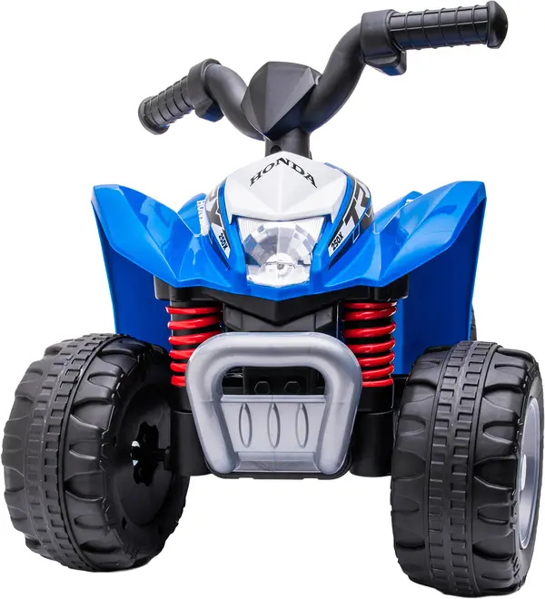 Blå plastik ATV legetøj til børn, med store sorte hjul, realistisk styr, frontkofanger og Honda-logo. Robust design, velegnet til udendørs leg for små børn.