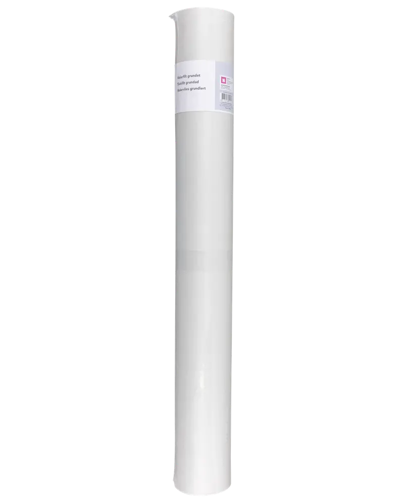 Stor rulle hvid grundet lærred, velegnet til maling eller hobby. Lærredet er tæt rullet og har en etiket med produktinformation og stregkode.