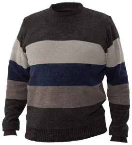 Herrtröja med rund hals och breda horisontella ränder i mörkgrått, ljusgrått, marinblått och brunt. Ribbstickade muddar och nederkant. Mjuk stickad kvalitet, avslappnad passform.
